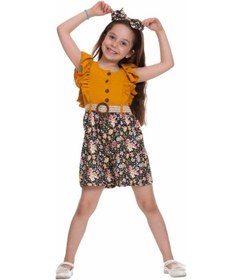 Resim İrem Kız Çocuk Çiçek Desen Fırfırlı Tulum Hardal 