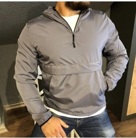 Resim Lushen Unisex Antrasit Gri Ince Kanguru Cep Rüzgarlık Yağmurluk İnce Ceket 