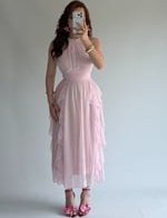 Resim Şifon Drape Yaka Fırfırlı Elbise Pudra 