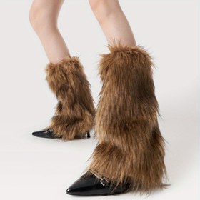 Resim Y2K Esintili Kadınlar için Sahte Kürk Bacak Isıtıcıları - Dar Kesim, Kabarık Bot Kapakları | Yumuşak Polyester ve Elastan Karışımı | Elde Yıkanabilir 