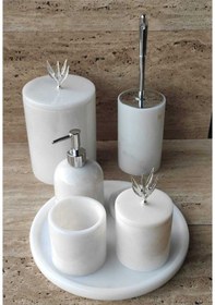 Resim Beyaz Mermer Gümüş Zeytin Dalı Aksesuarlı 7'li Banyo Seti Beyaz 