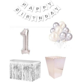 Resim 1 Yaş Beyaz Gümüş Balon Rakam Folyo Banner Mısır Kutusu Masa Ete 