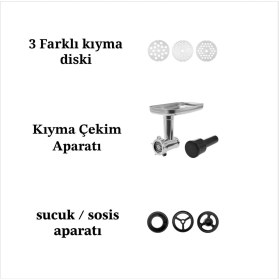 Resim Kıyma Çekme ve Hamur Yoğurma, Karıştırma 5,5 Lt Sucuk-Sosis/içli Köfte Aparatlı Mutfak Şefi 1900W 