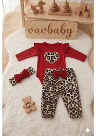 Resim Kız Bebek Leopar Desenli Çıtçıt Zıbın Model Kalp Figürlü Bandanalı 3 Lü Takımı Kırmızı 