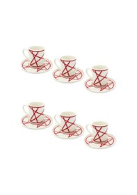 Resim Renkli Geometrik Çizgili 6 Kişilik Porselen Kahve Fincan Takımı Kırmızı 