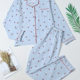 Resim 2 Parça Kadın Pijama Takımı, Dik Yaka Uzun Kollu ve Pantolonlu, Şirin Kiraz Ekose Desenli İlkbahar/Sonbahar/Kış Modası 