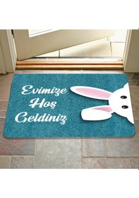 Resim Dijital Baskılı Kapı Önü Paspas Hoşgeldiniz Yazılı Çiçek Desen Ve Tavşan Iç Ve Dış Kapı Yıkanabilir Lacivert 