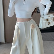 Resim Kadınlar için Şık Yüksek Bel Geniş Bacaklı Pantolon - Düz Renk, Fermuarlı Uç, Cep, Dantel Detay, Akışkan Tasarım, Bahar/Yaz/Sonbahar için Mükemmel, Günlük Hafta Sonu Kıyafeti, Günlük Kıyafet | Dantel Detayları | Polyester Kumaş 