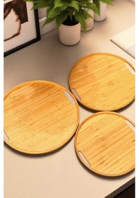 Resim Digithome Bambu 3'lü Yuvarlak Sığ Tepsi - Thn76060 Hyt Bej 