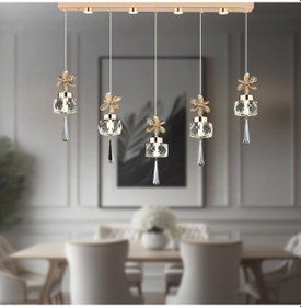 Resim Amaris 5'li Sıralı 3 Renkli 70 Watt Gold Kristal Ledli Modern Oturma Odası Salon Sarkıt Avize Diğer 