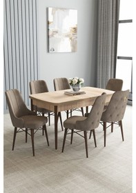 Resim Jusie Meşe Desen 80x132 Açılabilir Yemek Odası Takımı 6 Adet Sandalye Cappucino 