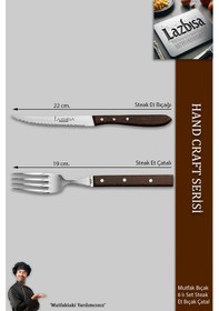 Resim Lazbisa Mtf-060 Hand Craft Serisi Steak Et Bıçağı Çatalı 6 Lı Set Mutfak Bıçak Seti Kahverengi 
