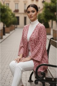 Resim Aişe tesettür Pudra Çiçekli Önü Bağlamalı Kimono Tunik / Ütü İstemez 85 CM BOY 