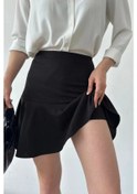 Resim Kadın Siyah Esnek Şortlu Volanlı Pileli Viskon Kloş Şort Etek Siyah 