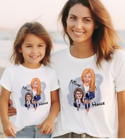 Resim Bk Gift 2’li Kişiye Özel Anne-Kız Karikatürlü Kombin Tişört Seti-2, Anneye Hediye, Anneler Günü Hedi 