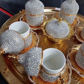 Resim Nazik Endam 8'li Gold Beyaz Kristal Taşlı Lokumluk Kahve Fincanı Set 