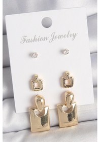 Resim Pirinç Gold Renk Zirkon Taşlı Sallantılı Kare Model 3 Çift Kadın Küpe Seti - Tj-bkp10620 Çok Renkli 