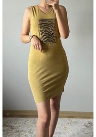 Resim Mia Butik Kadın V Yaka Kare Pul Payetli Hardal Elbise-977 Hardal 