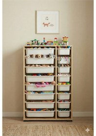 Resim 16 Çekmeceli Çok Amaçlı Oyuncak Dolabı ve Saklama Ünitesi Çocuk Odası Düzenleyici Etiket Hediyeli Safir Meşe 