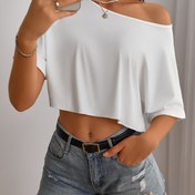 Resim Kadınlar İçin Şık Günlük Tek Omuzlu T-Shirt - Yarı Saydam Esnek Üst, Kısa Boy, Düz Siyah, Makinede Yıkanabilir, Her Mevsim Kullanıma Uygun, Yaz Modası, Stil Sahibi Yırtılabilen Gömlek 