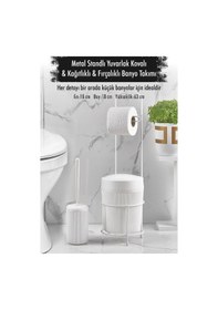Resim Metal Standlı Yuvarlak Kovalı & Kağıtlıklı & Fırçalıklı Beyaz Banyo Takımı Çok Renkli 