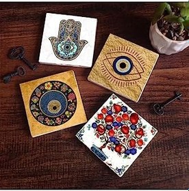 Resim Nazar, Nar Ağacı, Fatma Ana Eli (Hamsa) Taş Bardak Altlığı Seti - 4 Parça - Dekoratif, Rustik Mutfak Aksesuarı, 10x10 cm, Kaydırmaz Tabanlı, Şık ve Dayanıklı SC509 