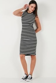 Resim Lela Pamuklu Slim Fit Bisiklet Yaka Çizgili Elbise Bayan ELBİSE 5866168 