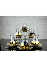 Resim Rova Tr Amber Lüks 6 Kişilik Cam Çay Seti - 12 Parçalık Çeyizlik Modern Tasarım Altın 