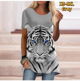 Resim Gri Büyük Beden Kadın Yaz Kaplan Baskılı Rahat Kısa Kollu Yuvarlak Yaka T-shirt Rahat Baggy Orta Uzunluk Tee Tops Gri 