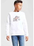 Resim Sevimli Fil Tavşan Salıncak Baskılı Unisex Çocuk Beyaz Sweatshir 