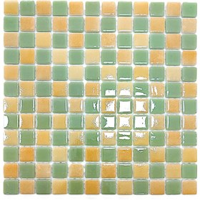 Resim MozaiKristaL Tüm yüzeyler için 25x25mm. M.Yeşili-P.Sarı Damalı 31,5x31,5cm Fileli Cam Mozaik (10 File Karo=1m2 ) 