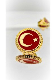 Resim Yörük Tasarım Türk Bayrağı Atatürk Siluetli Altın Kaplama Mineli Yaka Rozeti Altın 