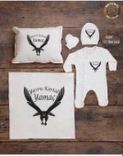 Resim yzc home size dair... E93 Bty Ekru Renk Isme Özel Isimli Baskılı Bebek Yastık Battaniye Tulum Şapka Eldiven Set 