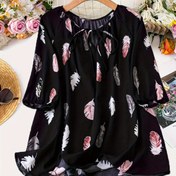 Resim Plus Beden için Baskılı Polyester Esnek Olmayan Gömlek Bluz ile Şık Yırtma Yaka 