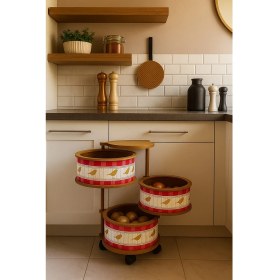 Resim sonnenflügel Love Birds Kuş Desenli 3 Katlı Tekerlekli Çok Amaçlı Ahşap Patates Soğan Sepeti 