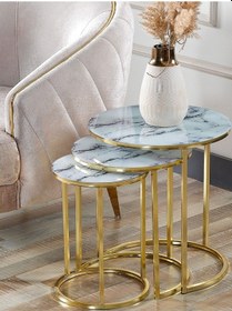 Resim Ceylin 3'Lü Gold Beyaz Mermer Temperli Cam Zigon Sehpa 