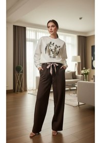 Resim Kadın Eşofman Takım Krem At Figürlü Sweatshirt Ve Kuşaklı Kahverengi Palazzo Kışlık Lüks 2li Beyaz - Kahverengi 