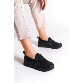 Resim Vıolet Bağcıklı Lastikli Ortopedik Rahat Taban Taş Detaylı Klasik Kadın Babet Anne Ayakkabısı Cst - Siyah Siyah 