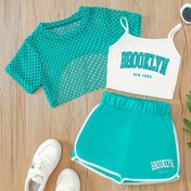 Resim Kızlar 3 adet Brooklyn Harfli Cami Üst + Mesh Kapak + Şort Takımı - Pembe ve Beyaz Brooklyn Baskılı, Örgü Kumaş, Gençler için Esnek Polyester Karışımı, Bahar ve Yaz için Mükemmel, Açık Hava için 