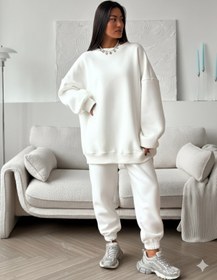 Resim GIA - ART Kadın Double Oversize Eşofman Takımı Basic Beyaz- Bisiklet Yaka, Lastikli Paça, 3 İplik Polar 