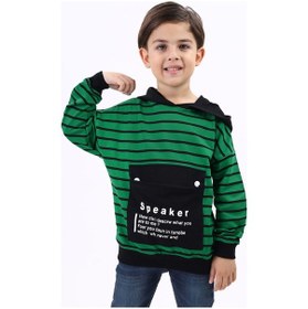 Resim Toontoy Kids Toontoy Erkek Çocuk Oversize Kapüşonlu Düşük Omuz Baskılı Çizgili Sweatshirt - Garnili & 2 İplik Çimen Yeşili 
