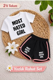 Resim Most Hated Girl Basklı Beyaz Crop-Siyah Şort Takım 
