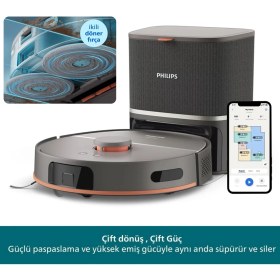 Resim Philips 10000PA Robot Vacuum Homerun 5000 Çift Döner Mop Otomatik Toz Boşaltma 4800MAH 200DK Çalışma Süresi Akıllı Süpürge Gri XU5100/10 