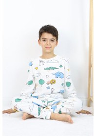 Resim Harika Kids Erkek Çocuk Baskılı İnterlok Kumaş Uzun Kollu Pijama Takımı Beyaz 