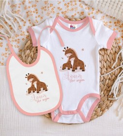 Resim Bk Kids Annem Her Şeyim Tasarımlı Pembe Bebek Body Zıbın Ve Mama Önlüğü Hediye Seti-2 Çok Renkli 