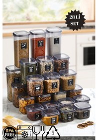 Resim 28 Li Set Kapaklı Kare Erzak Saklama Kabı Antrasit 7x 0,57 Lt-0,87 Lt -1,17-1.77 Lt Etiket Hediyeli Antrasit 