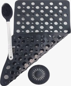 Resim 3 Parça Set Banyo ve Duş Kaydırmaz Çift Taraflı Banyo Duş Vucüt Fırçası Yuvarlakküvet Süzgeci Siyah 