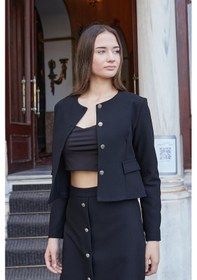 Resim Kadın Hafif Esnek Kumaş Geniş Sıfır Yaka Cep Kapaklı Uzun Kol Dar Kesim Hafif Kısa Blazer Ceket-siyah Siyah 
