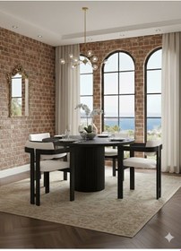 Resim Verona Doğal Ahşap Yuvarlak Yemek Masası Takımı 4 Kişilik Modern Scandinavian Stil Siyah Beyaz 