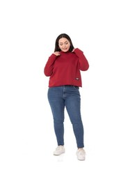 Resim Büyük Beden Kapüşonlu Düşük Kollu Pis Dikişli Üç İplik Bordo Sweatshirt-bordo Bordo 